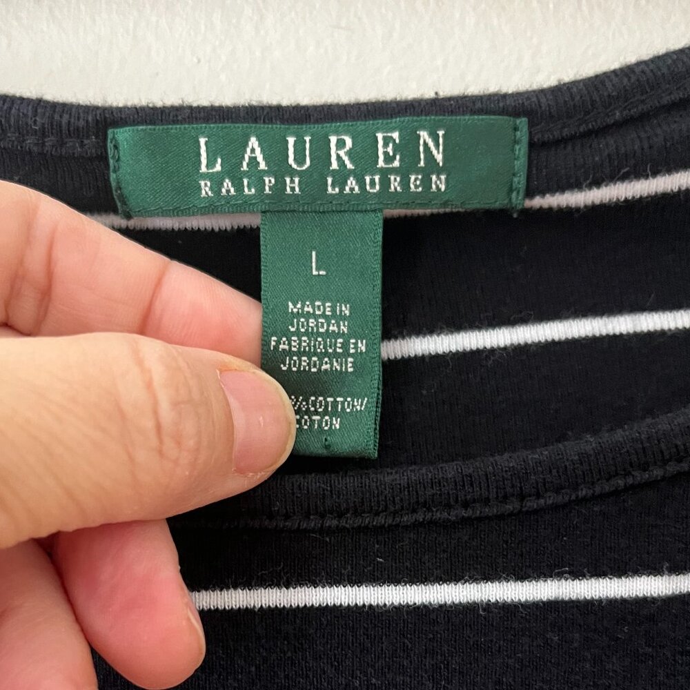 Lauren Ralph Lauren Sz M Black Striped Stretch‎ Cotton Boatneck Pullover Blouse - Picture 2 of 9